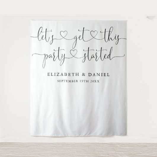 Party startete Foto Hochzeitsschrift im Herzen Wandteppich (Vorderseite)