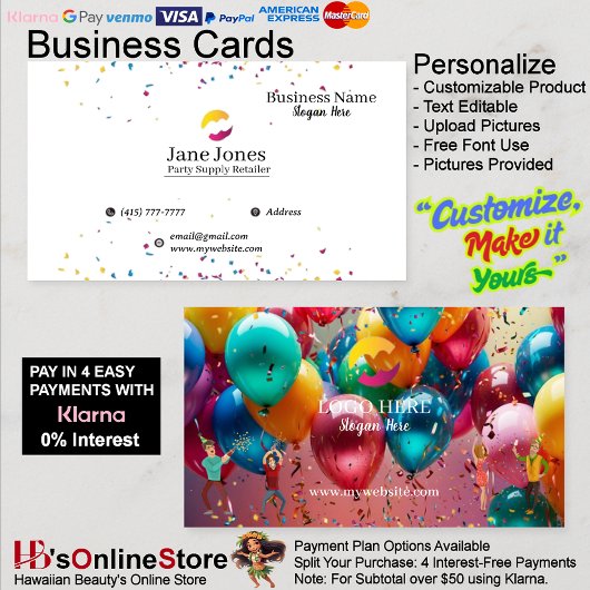 Party Supply Retailer Business Cards 19 Visitenkarte