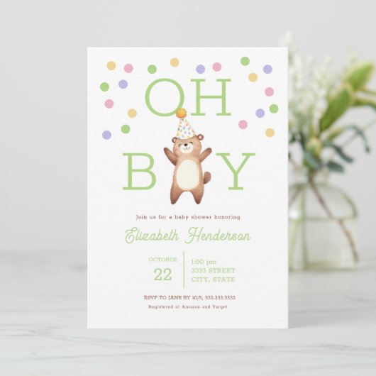 Party Teddy Bear Oh Boy Baby Shower Invitation Einladung (Stehend Vorderseite)
