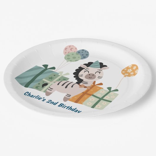 Party Tier, Zebra mit Geschenken und Ballon Pappteller (Schrägansicht)