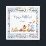 Party Tiere auf Zug Kid Jungle Happy Geburtstag Serviette<br><div class="desc">Fügen Sie dem großen Tag Ihres kleinen Mädchens oder Mädchens eine besondere Touch mit diesem individuellen Dschungeltheater Geburtstagsnapkins hinzu. Es gibt einen Löwen mit einem Tophut, eine Giraffe mit einer Bogen-Krawatte und einen Elefanten mit einem Party Hut und Ballons. Alle Safaritiere sind in Aquarellfarbe gestrichen und sitzen auf einem Zug....</div>