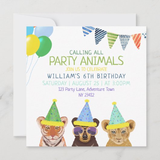 Party Tiere Blue Birthday Einladung (Vorderseite)