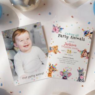 Party-Tiere Editierbares Alter & Foto Kinder Gebur Einladung