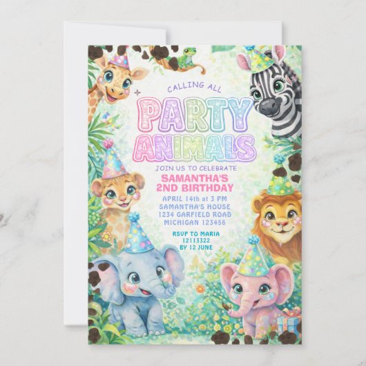 Party-Tiere Geburtstag Bunt Regenbogen Einladung (Vorderseite)