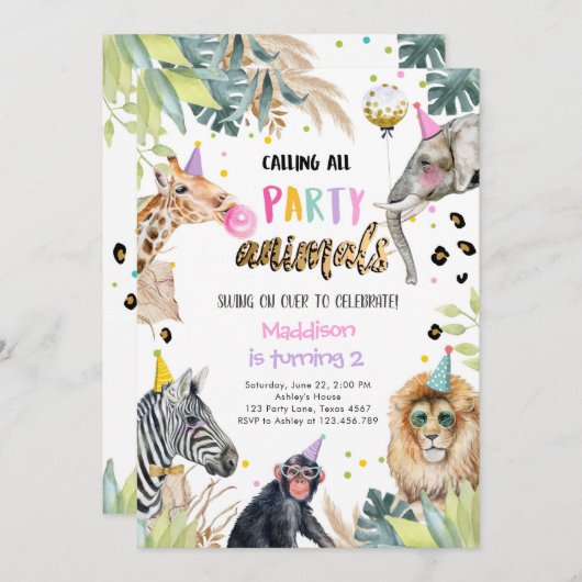 Party Tiere Girl Safari Jungle Zoo Einladung (Vorne/Hinten)