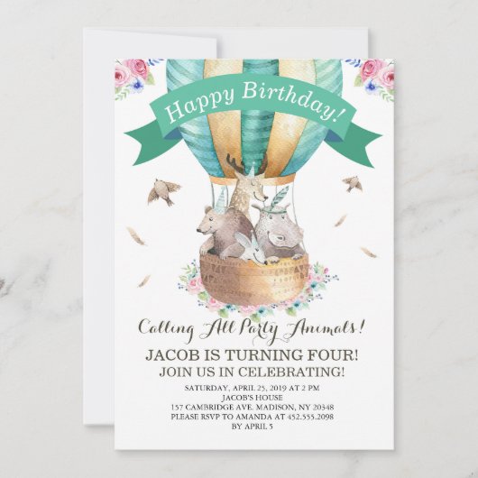 Party Tiere Hot Air Ballon Happy Geburtstag Einladung (Vorderseite)