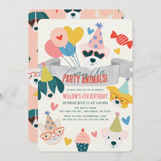 Party Tiere Hunde & Katzen Balloons Geburtstag Einladung (Vorne/Hinten)