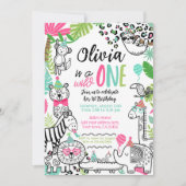 Party Tiere, Jungle Safari 1. Geburtstag Einladung (Vorderseite)