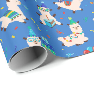 Party-Tiere Lama Geburtstagsfeier Blau Geschenkpapier