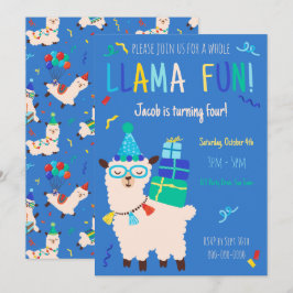 Party-Tiere Lama Geburtstagsjungen Blau Einladung