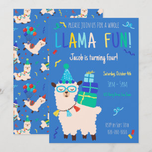 Party-Tiere Lama Geburtstagsjungen Blau Einladung