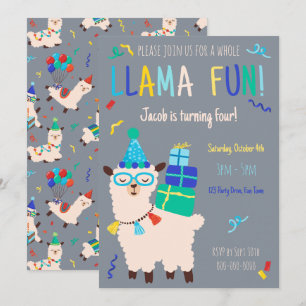Party-Tiere Lama Geburtstagsjungen Grau Einladung