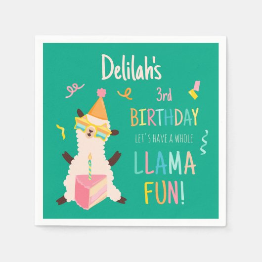 Party-Tiere Llama Geburtstagsmädchen Grün Serviette (Vorderseite)