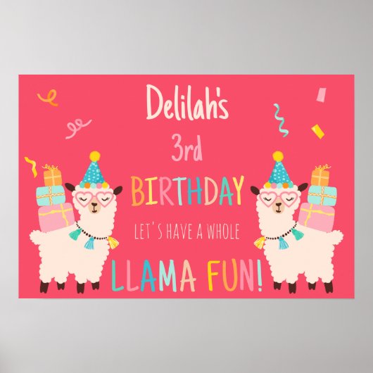 Party-Tiere Llama Geburtstagsmädchen Rosa Poster (Vorne)