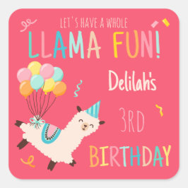 Party-Tiere Llama Geburtstagsmädchen Rosa Quadratischer Aufkleber