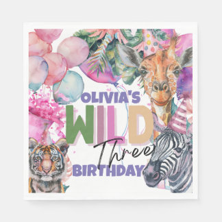 Party Tiere Safari Jungle Wild Drei Geburtstage Serviette