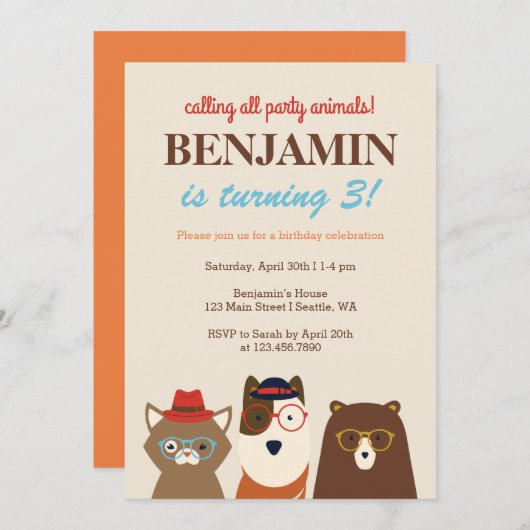 Party Tiere Spaß Geburtstagsparty Einladung (Vorne/Hinten)