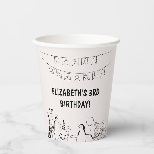 Party Tiere von Hand gezogene Doodle Kind Geburtst Pappbecher (Vorderseite)