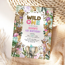 Party Tiere Wild One Pink Lila Safari Geburtstag Einladung