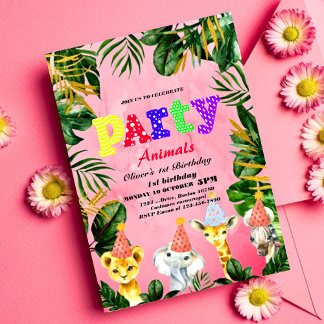 Party Tiere Wild Safari Pink Girl Geburtstagsparty Einladung