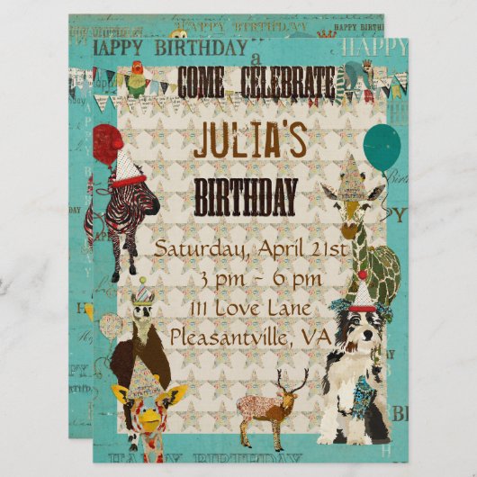 Party Tiere zum Geburtstag Einladung (Vorne/Hinten)