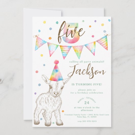 Party Tierziege 5. Geburtstag Einladung für Kinder (Vorderseite)