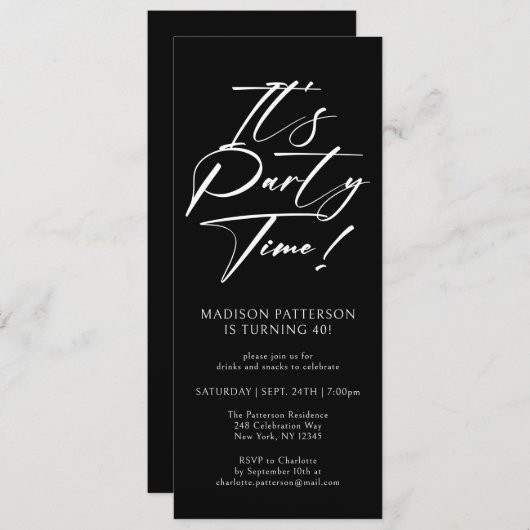 Party Time 40. Geburtstag Party Einfache Eleganz Einladung (Vorne/Hinten)