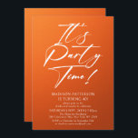 Party Time 40. Geburtstag Party Einfache Eleganz Einladung<br><div class="desc">Es ist Party Time 40th 40th Birthday Party Simple Elegant Invitation Invite weist ein minimalistisches Design mit dem Text "It's Party Time!" in modernen weißen Kalligraphieskripttypografie und personalisiert unten mit Ihrem benutzerdefinierten Text auf einem orangen Hintergrund. Der bearbeitbare Schriftart kann in Stil und Farbe geändert werden. Entworfen von © Evco...</div>