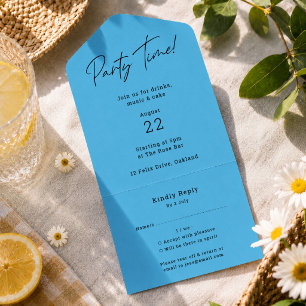 Party Time Blue Modern Minimalistisch Fun Geburt All In One Einladung
