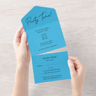 Party Time | Blue Modern Minimalistisch Fun Geburt All In One Einladung