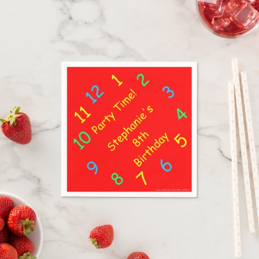 Party Time Clock, 8th Birthday, Name, Red Paper Serviette (Beispiel)