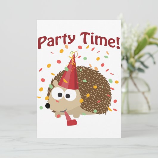 Party Time! Confetti Igel Party Einladung (Stehend Vorderseite)