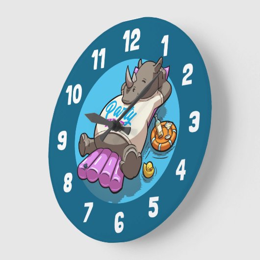 Party Time Funny Rhino Swimming Pool Cartoon Große Wanduhr (Winkel)