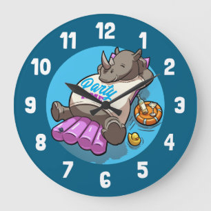 Party Time Funny Rhino Swimming Pool Cartoon Große Wanduhr
