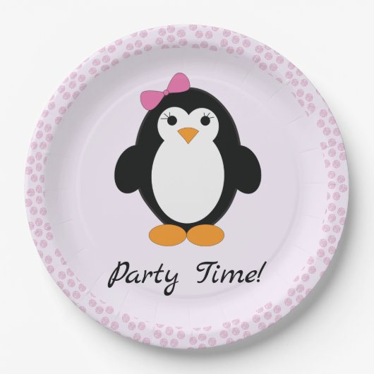 Party Time Girl Pinguin Pappteller (Vorderseite)