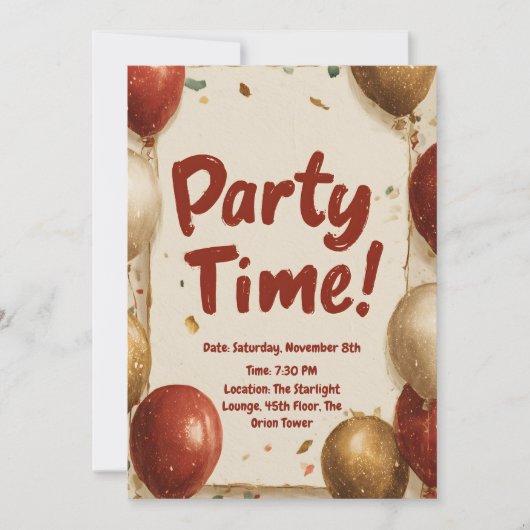 "Party Time" mit Balloons und Confetti Einladung (Vorderseite)