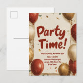 "Party Time" mit Balloons und Confetti Einladungspostkarte (Vorne/Hinten)