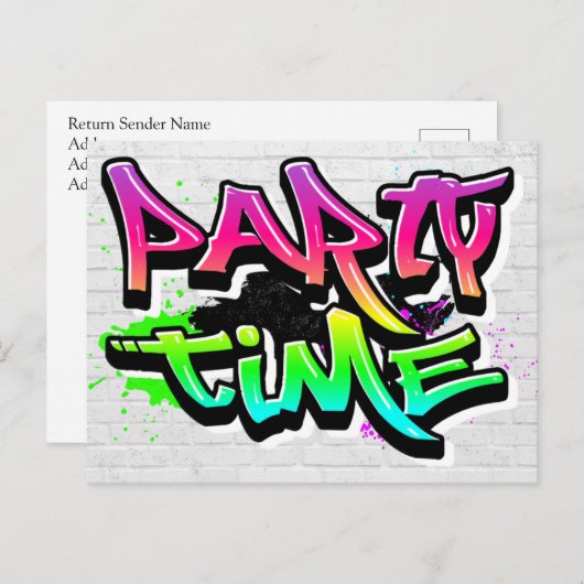 Party Time | Moderner Graffiti-Einladung Postkarte (Vorne/Hinten)
