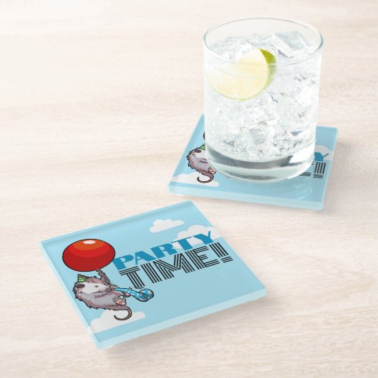 PARTY TIME! Party Possum Funny Floating Opossum Glasuntersetzer (Schrägansicht)