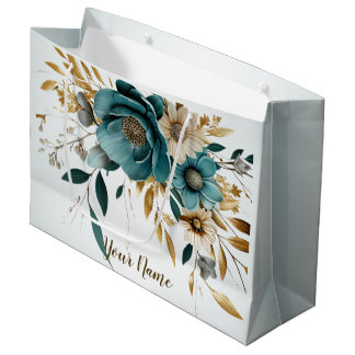 Party Türkis Weiße Blume Goldene Blätter Elegant Große Geschenktüte