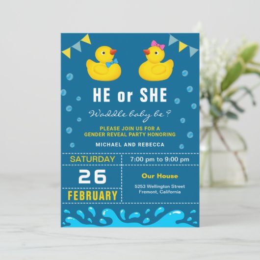 Party über das Geschlecht der Gummienten Einladung (Stehend Vorderseite)