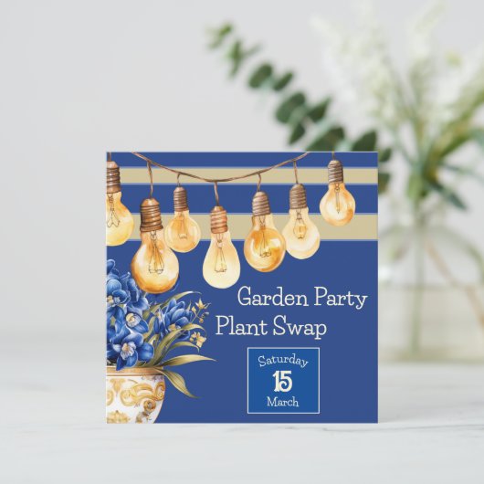 Party- und Pflanze-Swap für Blue Garden Einladung (Stehend Vorderseite)