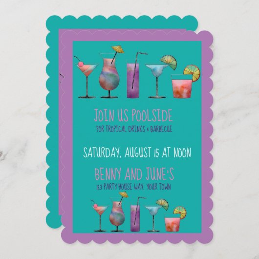 Party und tropische Getränke am Pool Einladung (Vorne/Hinten)