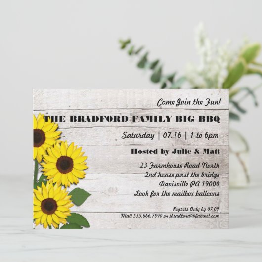 Party Veranstaltung Sonnenblumen Rustikale Einladu Einladung (Stehend Vorderseite)