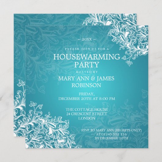 Party Vintag Scroll Türkis Einladung (Vorne/Hinten)