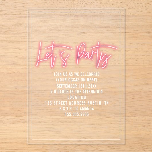 Party von Neon Script generisch für jeden Fall Acryleinladungen (Vorderseite)