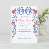 Party "Watercolor Blue Bows & Red Strawberries" Einladung (Stehend Vorderseite)