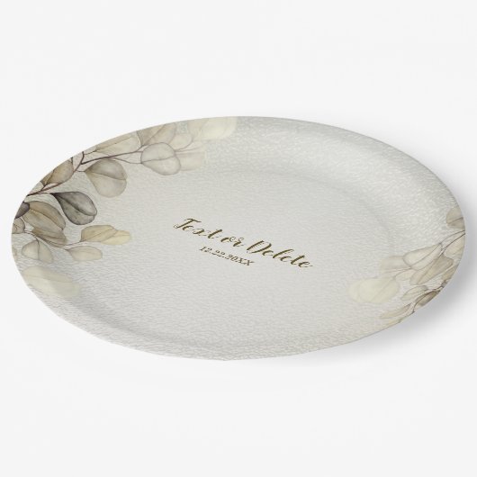 Party Watercolor Golden Eucalyptus Foliage Shiny Pappteller (Schrägansicht)