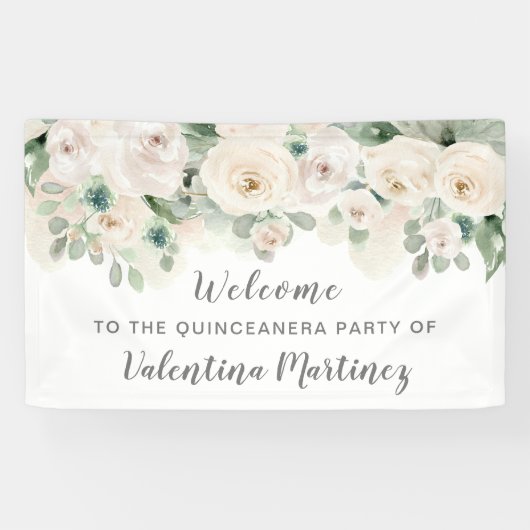 Party "White Pink Rose Quinceanera" Willkommen Banner (Horizontal)