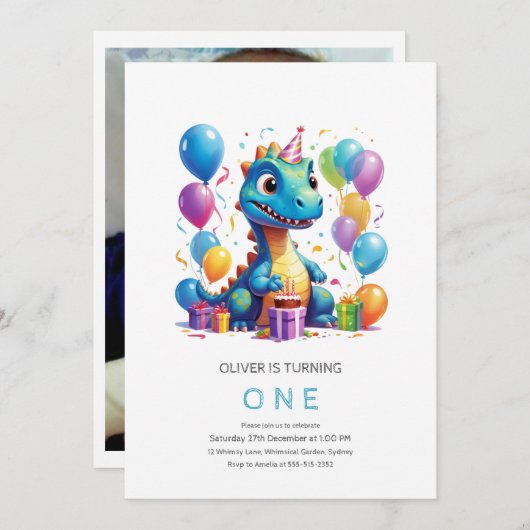 Party wie Dinosaurier 1. Geburtstag Einladung (Vorne/Hinten)